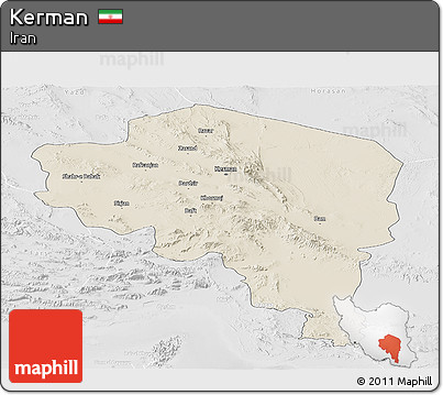 Shaded Relief Panoramic Map of Kerman, lighten, desaturated