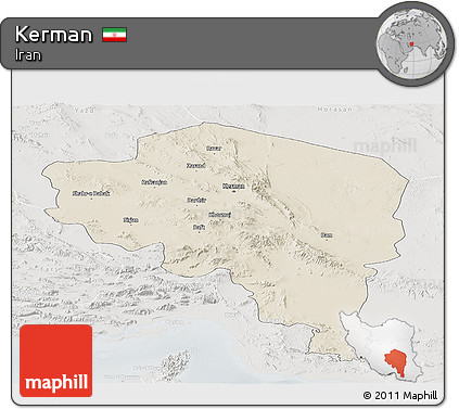 Shaded Relief Panoramic Map of Kerman, lighten, semi-desaturated