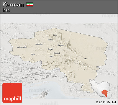 Shaded Relief Panoramic Map of Kerman, lighten, semi-desaturated