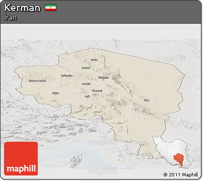 Shaded Relief Panoramic Map of Kerman, lighten, semi-desaturated