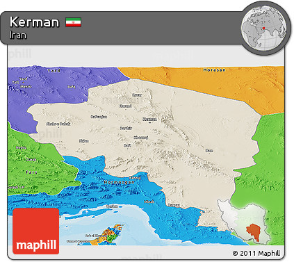 Shaded Relief Panoramic Map of Kerman, political outside