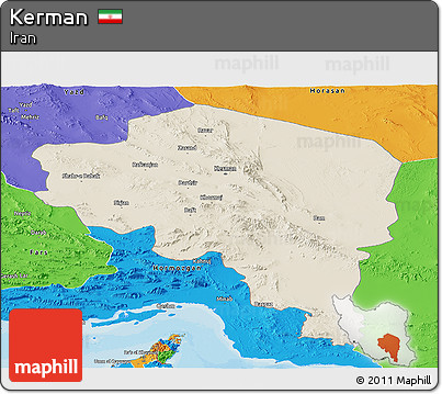 Shaded Relief Panoramic Map of Kerman, political outside
