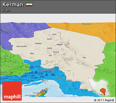 Shaded Relief Panoramic Map of Kerman, political outside