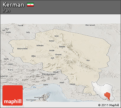 Shaded Relief Panoramic Map of Kerman, semi-desaturated