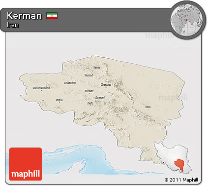 Shaded Relief Panoramic Map of Kerman, single color outside