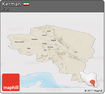 Shaded Relief Panoramic Map of Kerman, single color outside