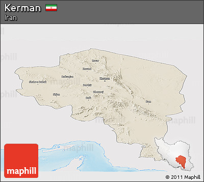 Shaded Relief Panoramic Map of Kerman, single color outside