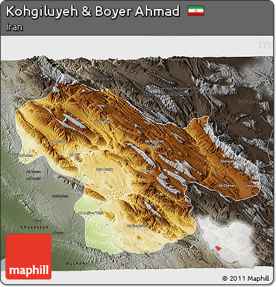 Physical 3D Map of Kohgiluyeh & Boyer Ahmad, darken, semi-desaturated