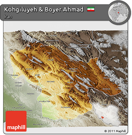 Physical 3D Map of Kohgiluyeh & Boyer Ahmad, semi-desaturated