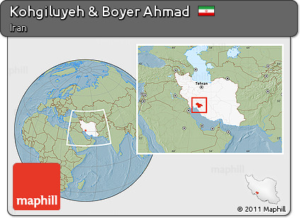 Savanna Style Location Map of Kohgiluyeh & Boyer Ahmad, highlighted country, within the entire country, hill shading