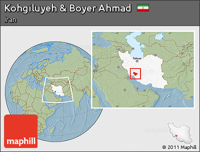 Savanna Style Location Map of Kohgiluyeh & Boyer Ahmad, highlighted country, within the entire country, hill shading