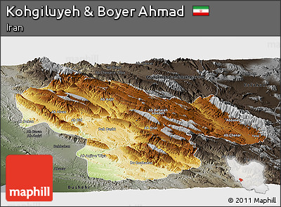 Physical Panoramic Map of Kohgiluyeh & Boyer Ahmad, darken, semi-desaturated
