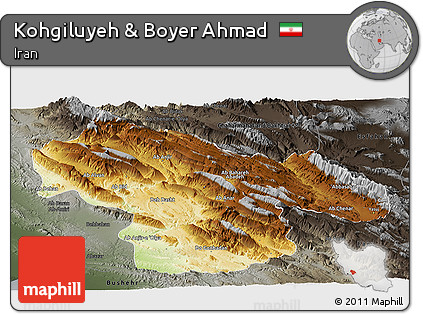 Physical Panoramic Map of Kohgiluyeh & Boyer Ahmad, darken, semi-desaturated