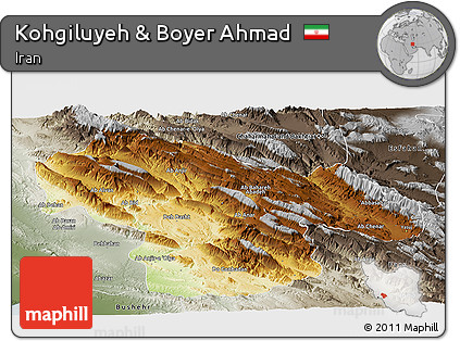 Physical Panoramic Map of Kohgiluyeh & Boyer Ahmad, semi-desaturated