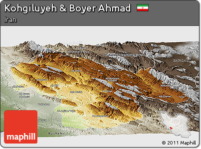 Physical Panoramic Map of Kohgiluyeh & Boyer Ahmad, semi-desaturated