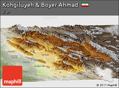 Physical Panoramic Map of Kohgiluyeh & Boyer Ahmad, semi-desaturated