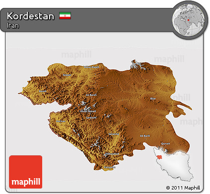 Physical 3D Map of Kordestan, cropped outside