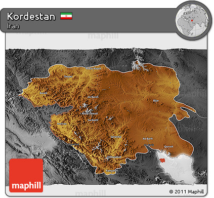 Physical 3D Map of Kordestan, darken, desaturated