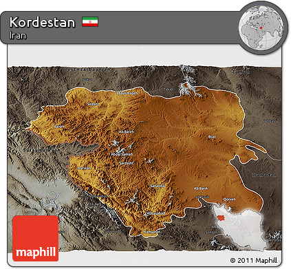 Physical 3D Map of Kordestan, darken, semi-desaturated
