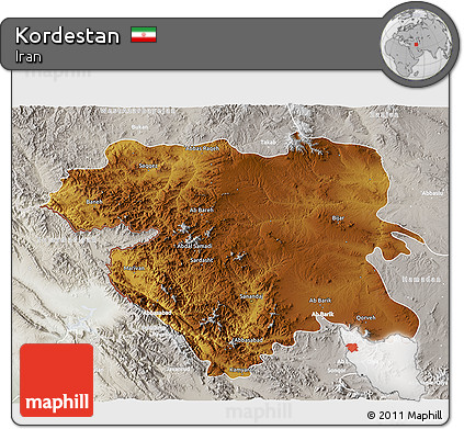 Physical 3D Map of Kordestan, lighten, semi-desaturated