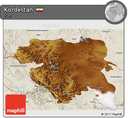 Physical 3D Map of Kordestan, shaded relief outside