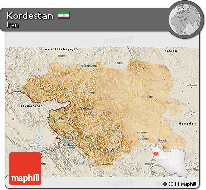 Satellite 3D Map of Kordestan, shaded relief outside