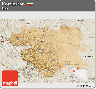 Satellite 3D Map of Kordestan, shaded relief outside