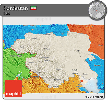 Shaded Relief 3D Map of Kordestan, political outside