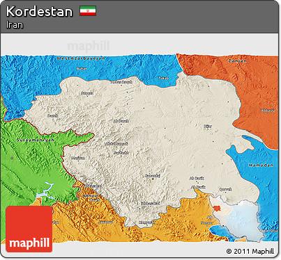 Shaded Relief 3D Map of Kordestan, political outside