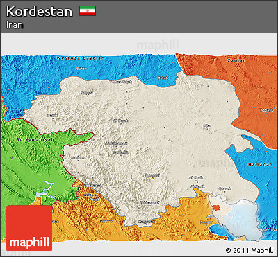 Shaded Relief 3D Map of Kordestan, political outside