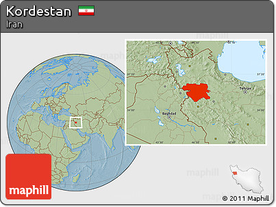Savanna Style Location Map of Kordestan, hill shading