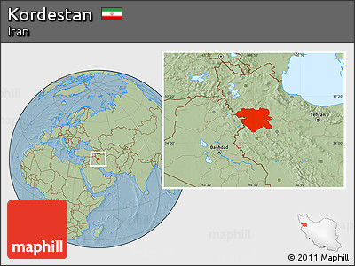 Savanna Style Location Map of Kordestan, hill shading