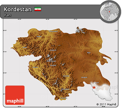Physical Map of Kordestan, cropped outside