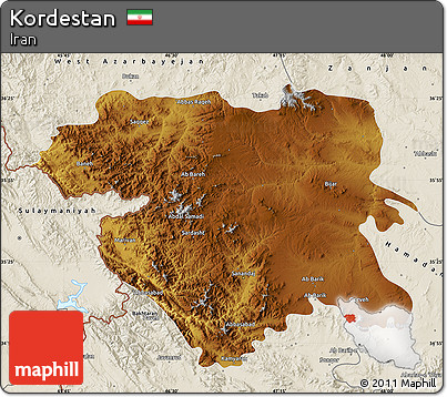 Physical Map of Kordestan, shaded relief outside