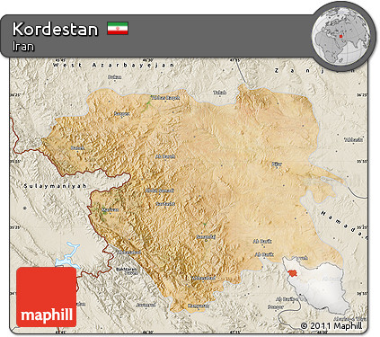 Satellite Map of Kordestan, shaded relief outside