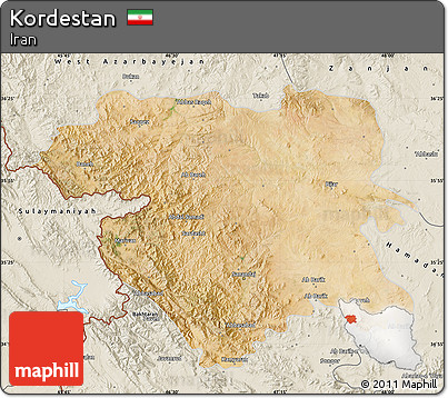 Satellite Map of Kordestan, shaded relief outside