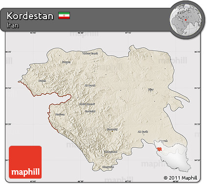 Shaded Relief Map of Kordestan, cropped outside