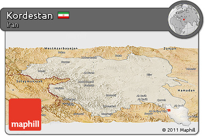 Shaded Relief Panoramic Map of Kordestan, satellite outside