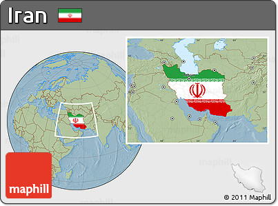 Flag Location Map of Iran, savanna style outside, hill shading outside