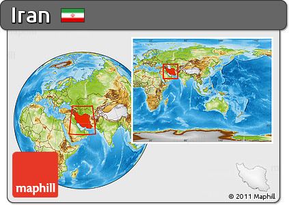 Physical Location Map of Iran, within the entire continent