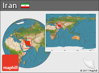 Satellite Location Map of Iran, within the entire continent