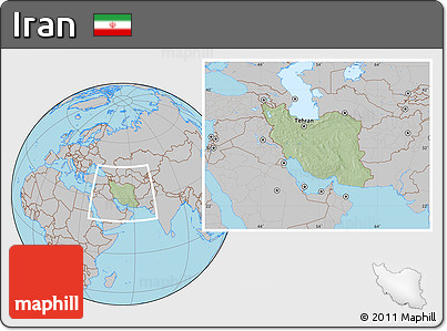 Savanna Style Location Map of Iran, gray outside, hill shading inside