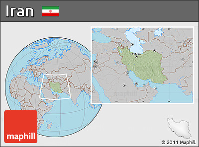 Savanna Style Location Map of Iran, gray outside, hill shading inside