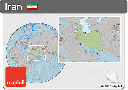 Savanna Style Location Map of Iran, gray outside, hill shading outside