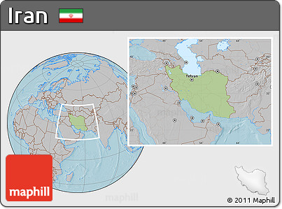 Savanna Style Location Map of Iran, gray outside, hill shading outside