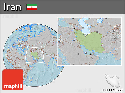 Savanna Style Location Map of Iran, gray outside, hill shading outside
