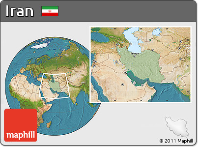 Savanna Style Location Map of Iran, satellite outside, hill shading