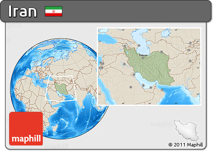 Savanna Style Location Map of Iran, shaded relief outside, hill shading