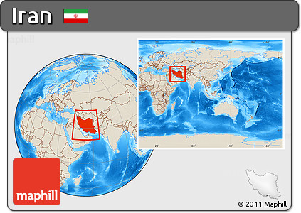 Shaded Relief Location Map of Iran, within the entire continent