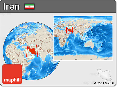 Shaded Relief Location Map of Iran, within the entire continent